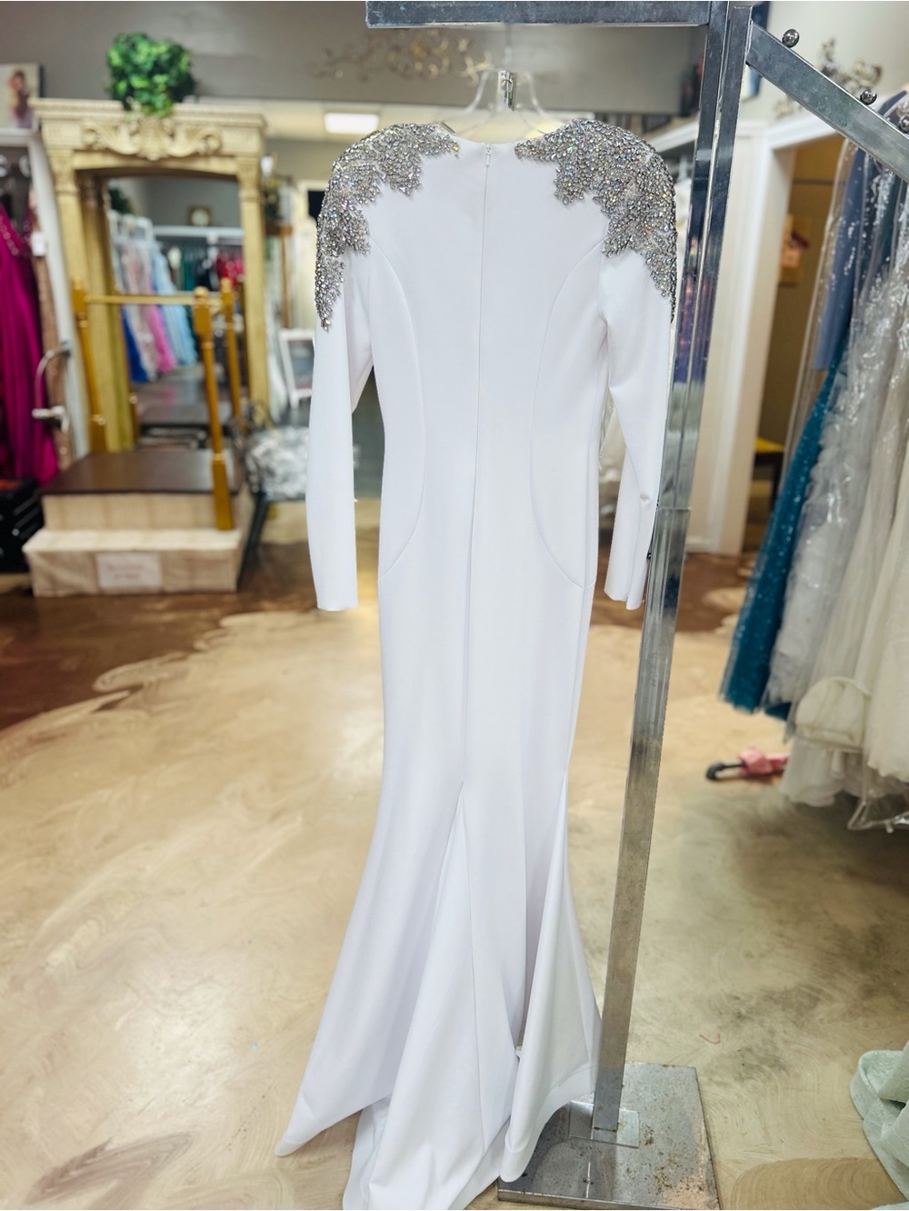 Long-Sleeve White Evening Gown with Embellished Shoulders - Picture 3 of 6